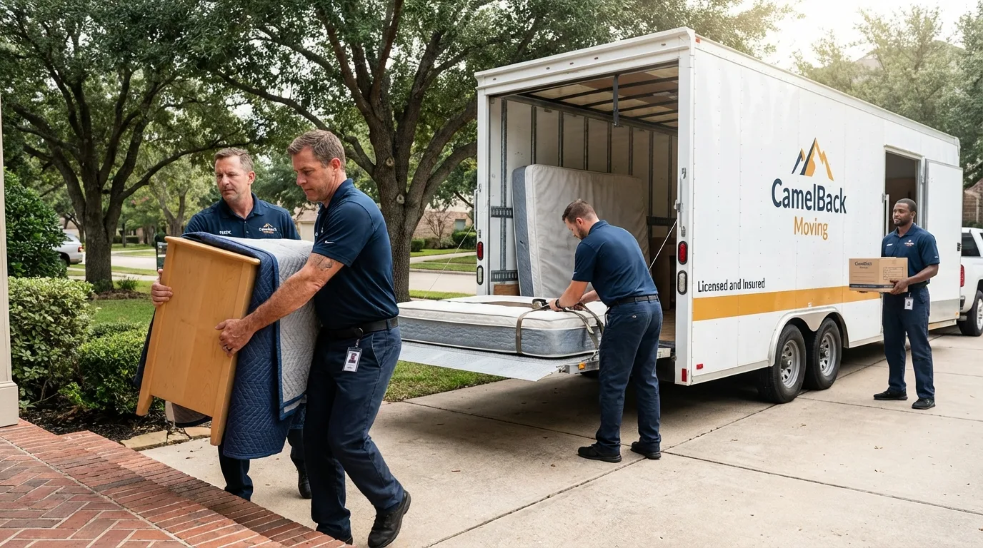 Crew loading residential truck for cross-state move from Farmington, MN