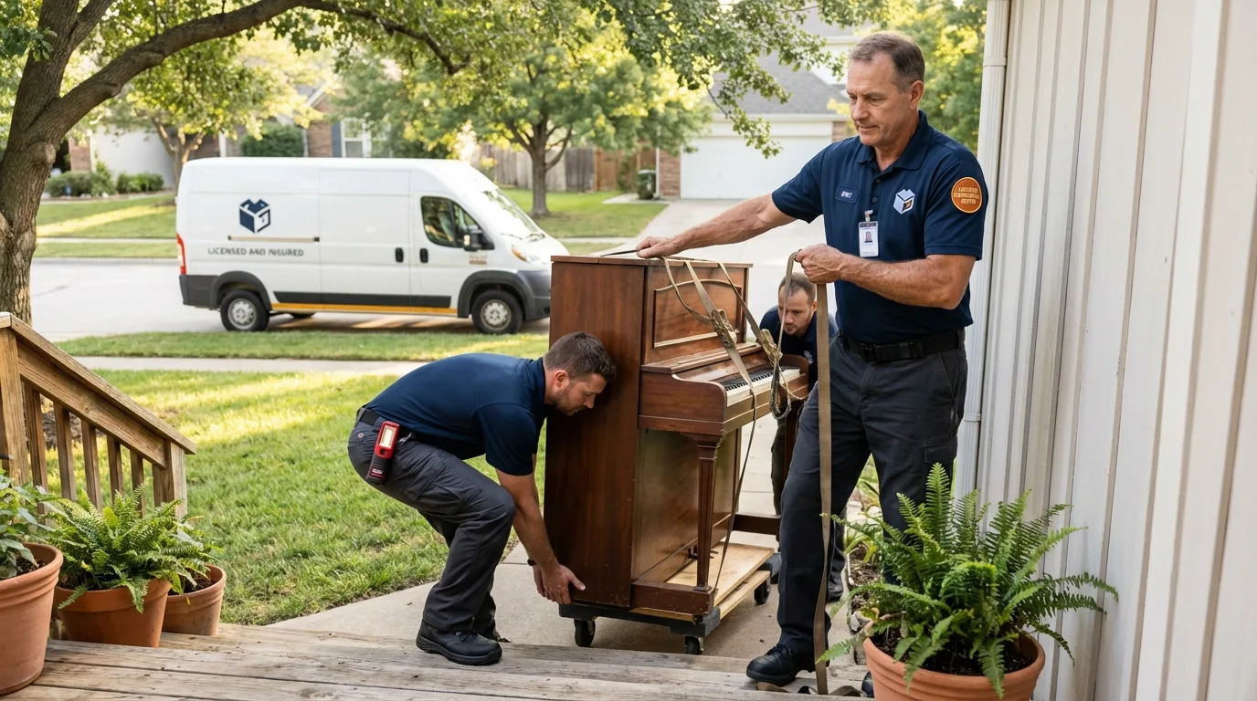 Licensed piano movers securing grand piano in Farmington, MN