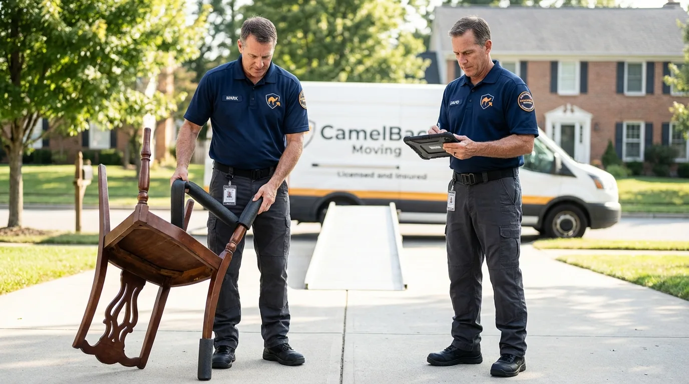Movers inspecting furniture for damage prevention before loading in Farmington, MN