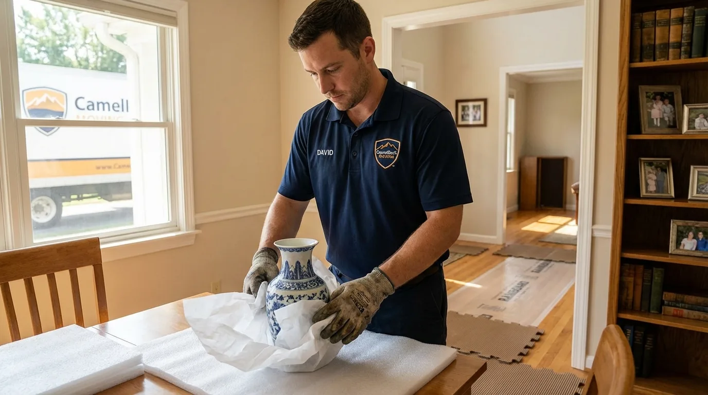 Professional crew carefully wrapping antique vase for senior downsizing move in Farmington, MN